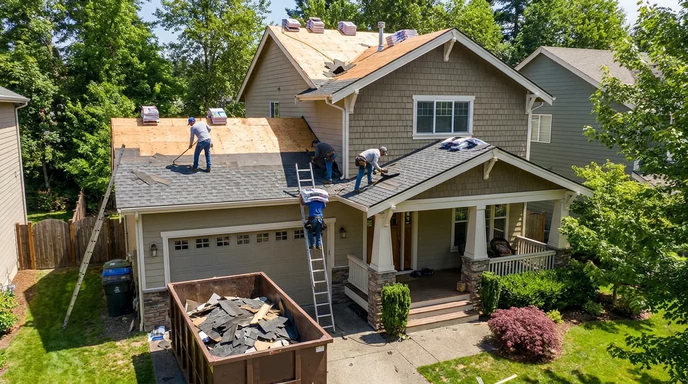 Roofing contractor in Airdrie, AB: a crew replacing a shingle roof on a home