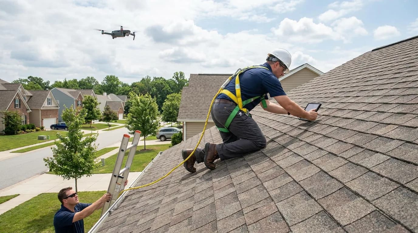 Eavestrough Airdrie: roofer working along the eaves of a home