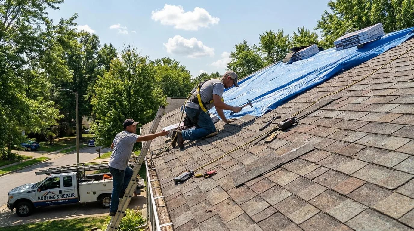 Roof repair in Airdrie: a roofer fixing shingles on a house